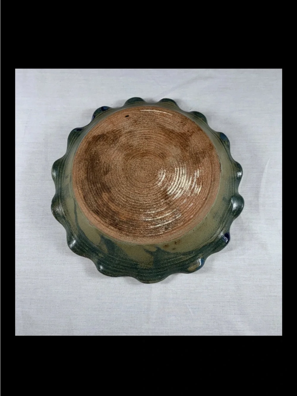 Vintage Studio Pottery Scalloped Stoneware Pie Dish Blue Glaze Signed 10 1/2”w